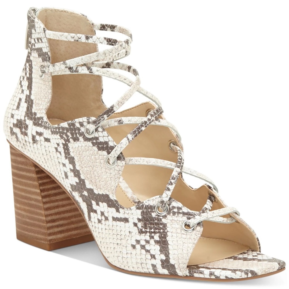 Vince Camuto Snake Print Strappy Cage Sandals.
Size 5.5.